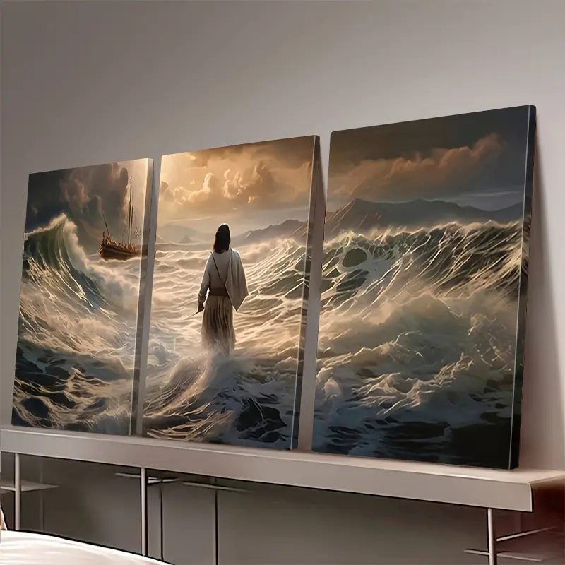 3-Piece Framed Canvas 2D Flat Paintings - Christian Walking on Water Inspirational Art, Pre-Drilled for Easy Hanging, Ideal for Religious Home Decor wall decor wall art