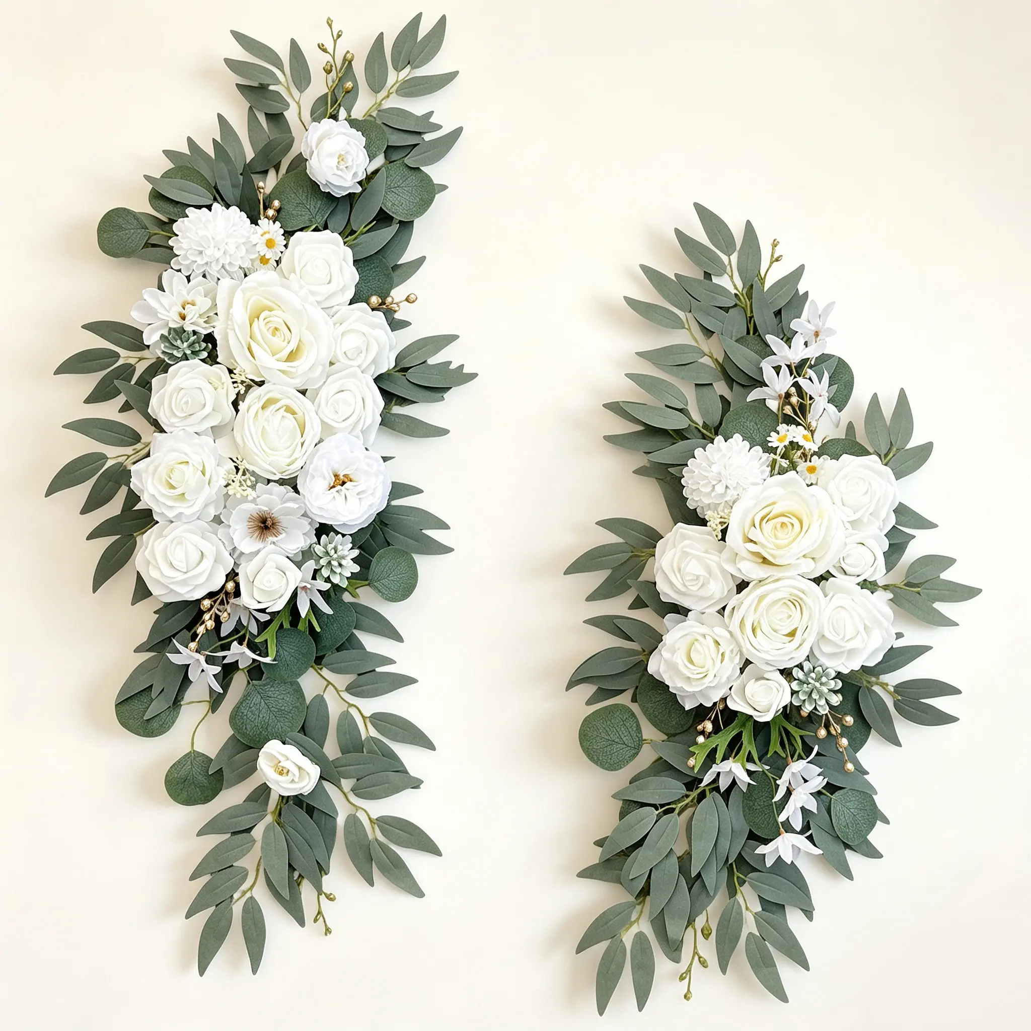 2 Pcs Elegant White Artificial Flower Swags, Rose & Hydrangea with Eucalyptus Leaves Hanging Arrangement, Wedding Arch Backdrop Wall Decor for Party & Home Decoration