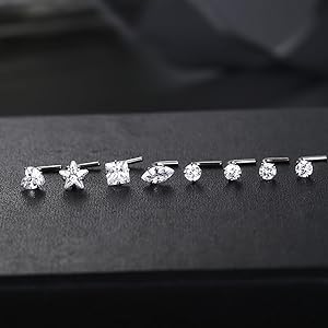MILACOLATO 8count 20G Nose Rings Studs for Women Men Star Marquise Heart Square Round Shaped CZ Nose Stud L Shape Nose Ring Body Piercing Jewelry