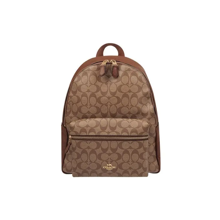 Coach Charlie 30 Classic Monogram Zip-Top Coated Canvas Backpack for Women, Khaki
