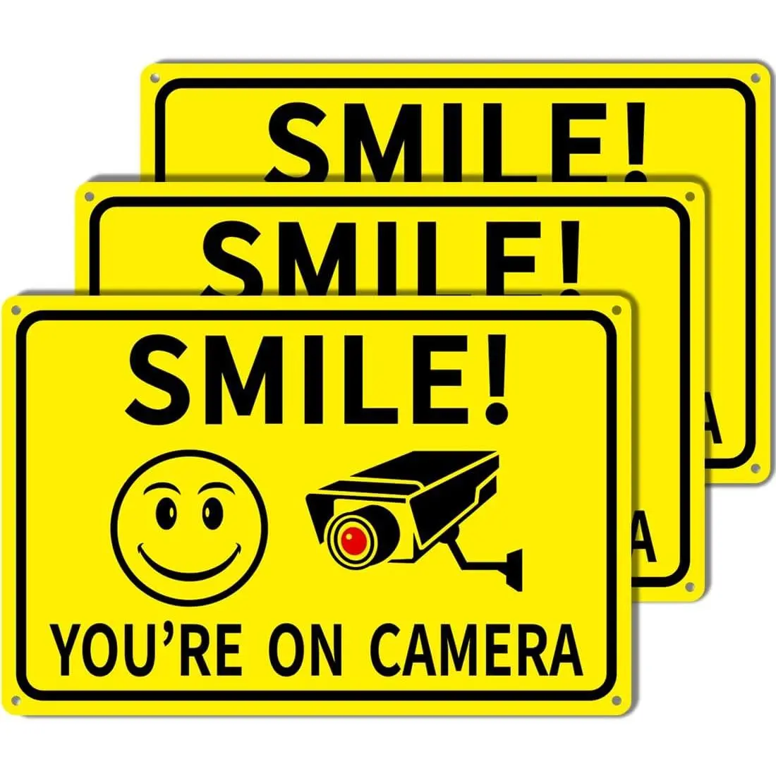 3-Pack Smile You're  Camera Signs 8"x12" Rust Free  Video  Signs Outdoor,  Camera Sign with UV Printed - Smile Your  Camera Signs for , Business, Yard and CCTV