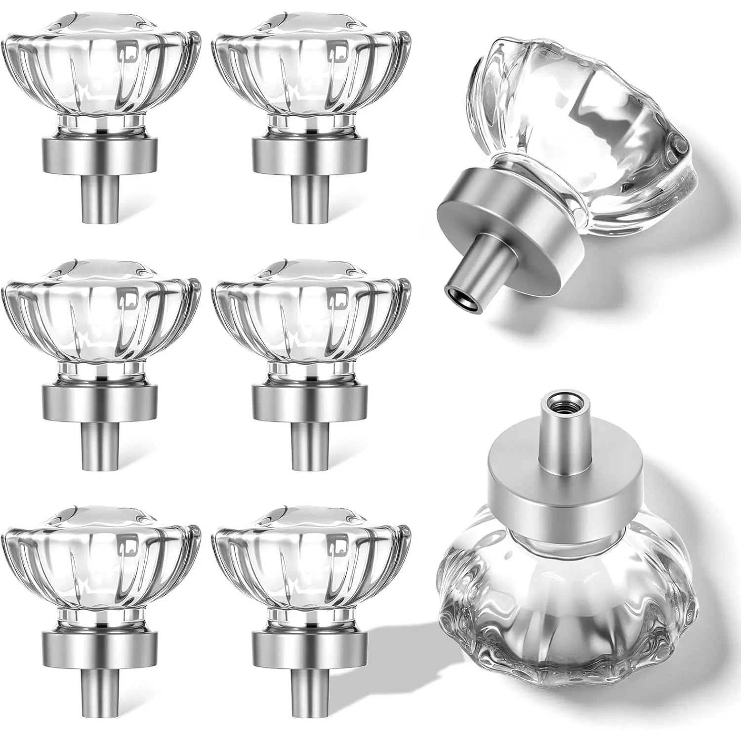 6 Pack  Cabinet Knobs Drawer Knobs, 1.4" Diameter Glass Handles, Flower  Glass Clear  Small Pull, for Kitchens, Closet, Dresser Drawers, Cupboard, Wardrobe, Clear