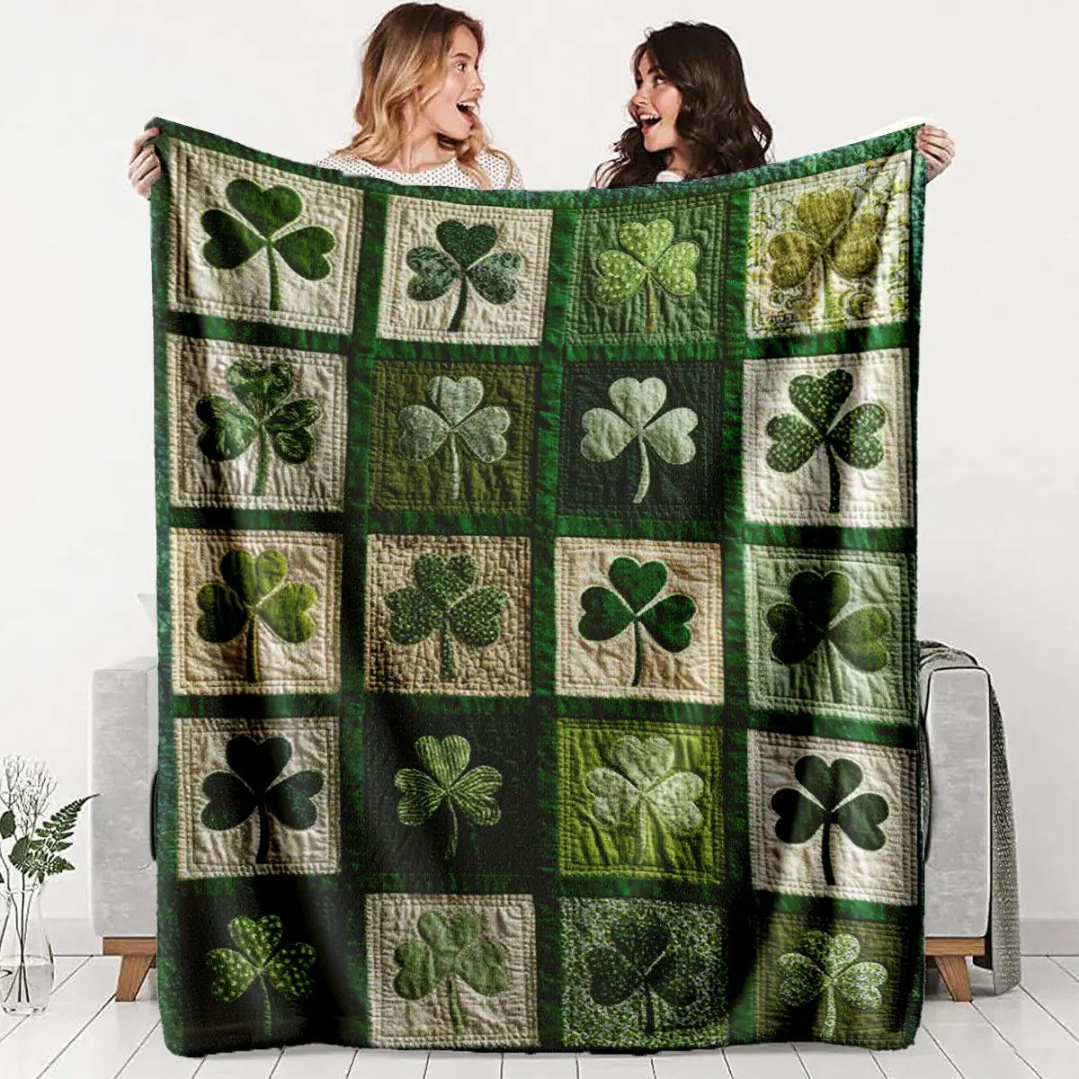 1 Vintage St. Patrick's Day Clover Patchwork Print Flannel Blanket - Cozy & Soft, Green/White, Warm & Pilling-Resistant, Machine Washable, Plush Throw for Napping, Camping, Travel - Ideal Irish-Themed Gift for All Seasons