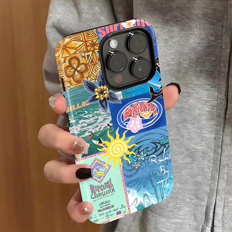 Beach Vibes Phone Case , Y2K Surf Magazine Collage with Bold Colors, Shockproof Rugged Cover Dual Layer Soft TPU Hard Bumper Shell for iPhone 7 8 X XR 11 12 13 14 15 16 17 Pro Max Plus Air
