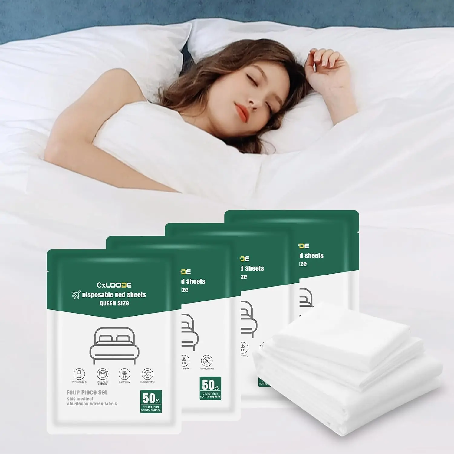 4 Pack Disposable Bed Sheets Queen, Disposable Travel Sheets for Travel with Cover and Pillowcase, Disposable Bedding Travel Bedding Disposable Sheets for Hotel Hospital