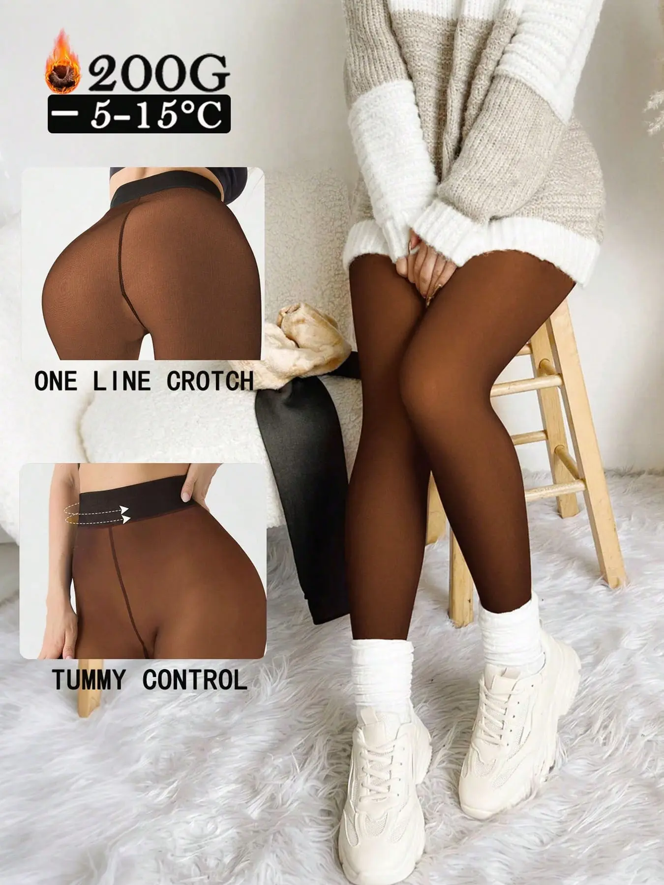 Women's Faux Skin Long Tube Socks, High Waist Elastic Tight Fit Pants, Warm Plush Underwear, Home & Outdoor Wear, Fall Winter Style