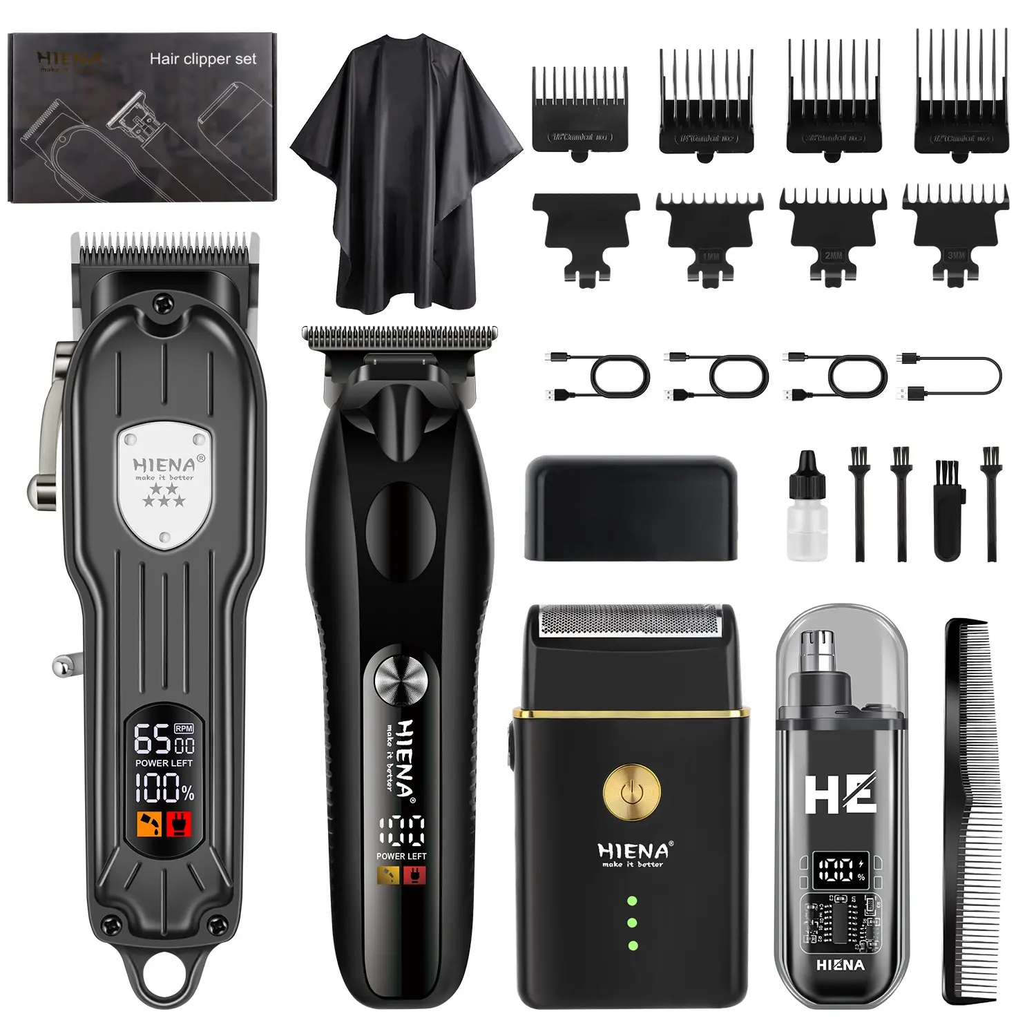 Professional Haircut Digital Display Four-Piece Set Barber Grooming Kit: Multifunctional LED digital hair clipper, LED professional beard trimmer, and cordless razor paired with a nose hair trimmer, multiple style limit combs, cape, and comb