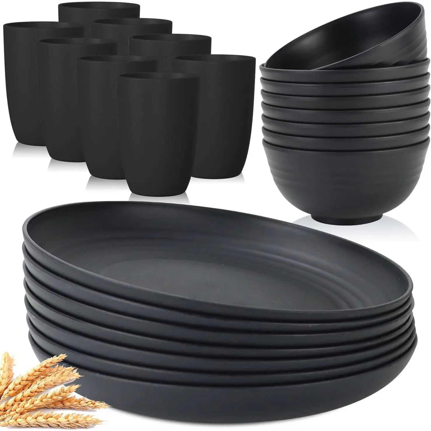 Wheat Straw Dinnerware Set of 24 Service for 8 Plates and Bowls Sets Unbreakable Drinking Cup  Lightweight Dinnerware Set for Kitchen (Black)