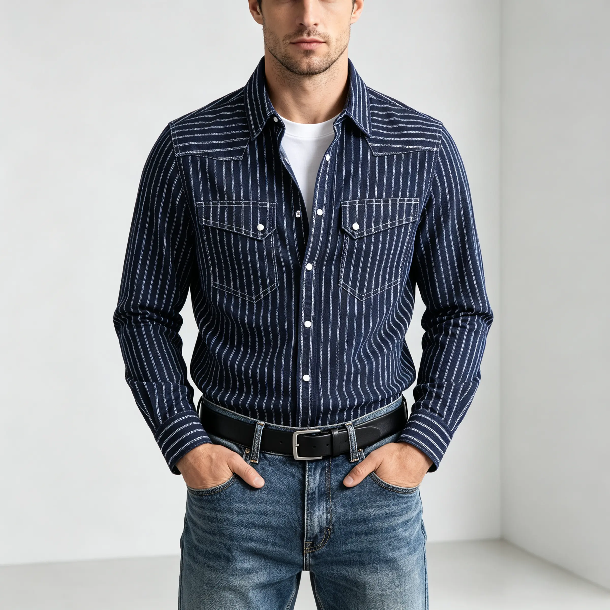 Men's Navy Blue Pinstripe Classic Fit Long Sleeve Button-Down Shirt with 2 Front Pockets, Denim Menswear Top (Small)