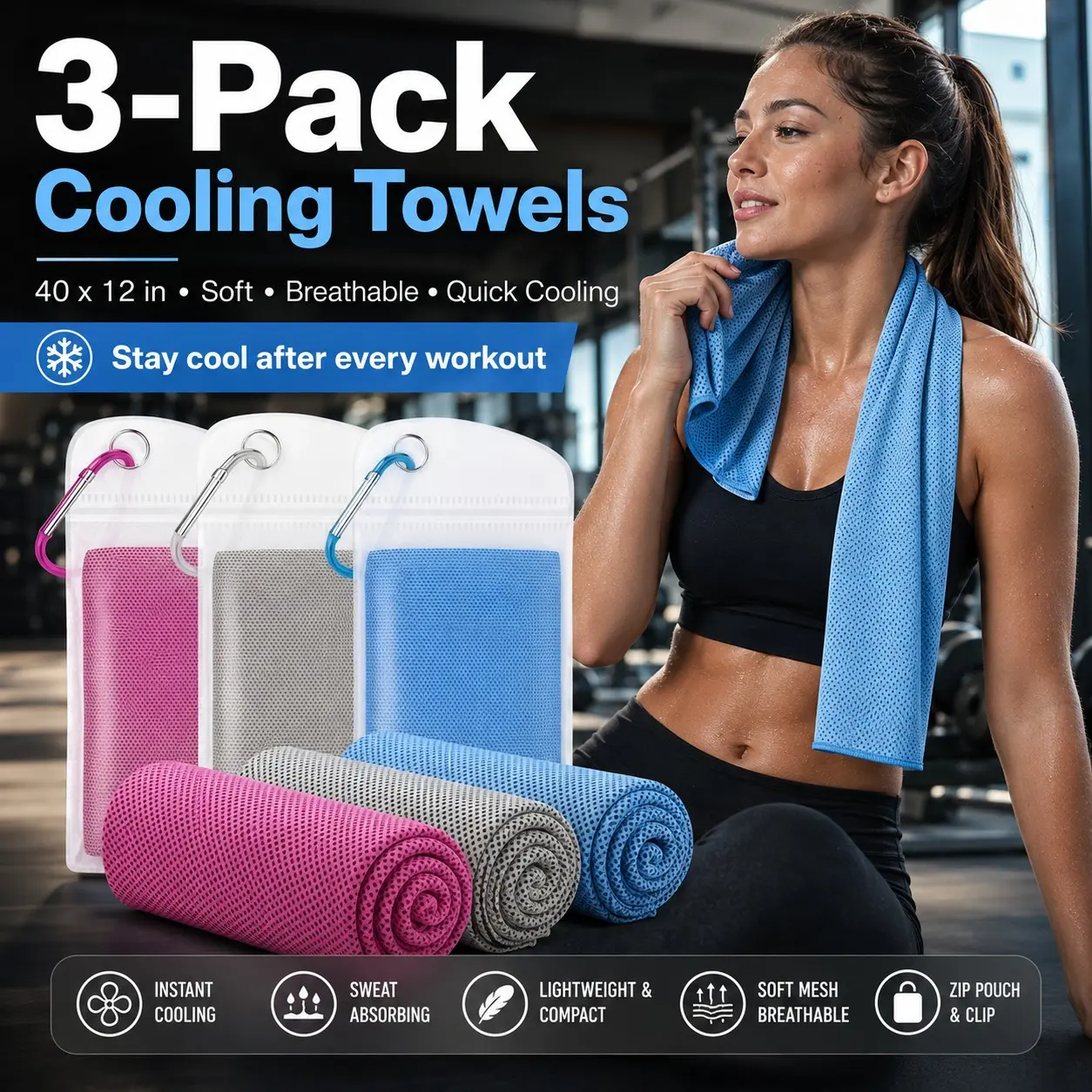 3 Pack Cooling Towel(40"x12") for Neck and face, Ice Towel, Soft Breathable Towels, Cooling Rags for Yoga, Sport, Running, Workout, Gym, Camping, Fitness, Workout & More