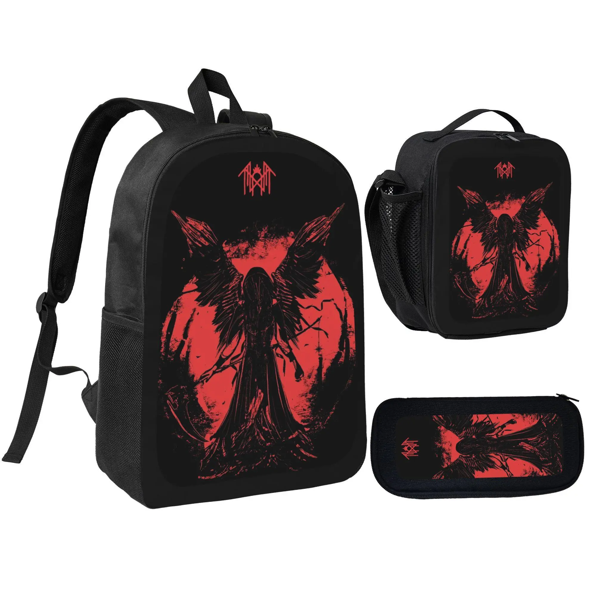 Gothic Angel Wing Graphic Backpack Set for Teens, 3-Piece Waterproof Nylon School Bag Combo with Lunch Bag and Pencil Case, Angel Wing Graphic Backpacks