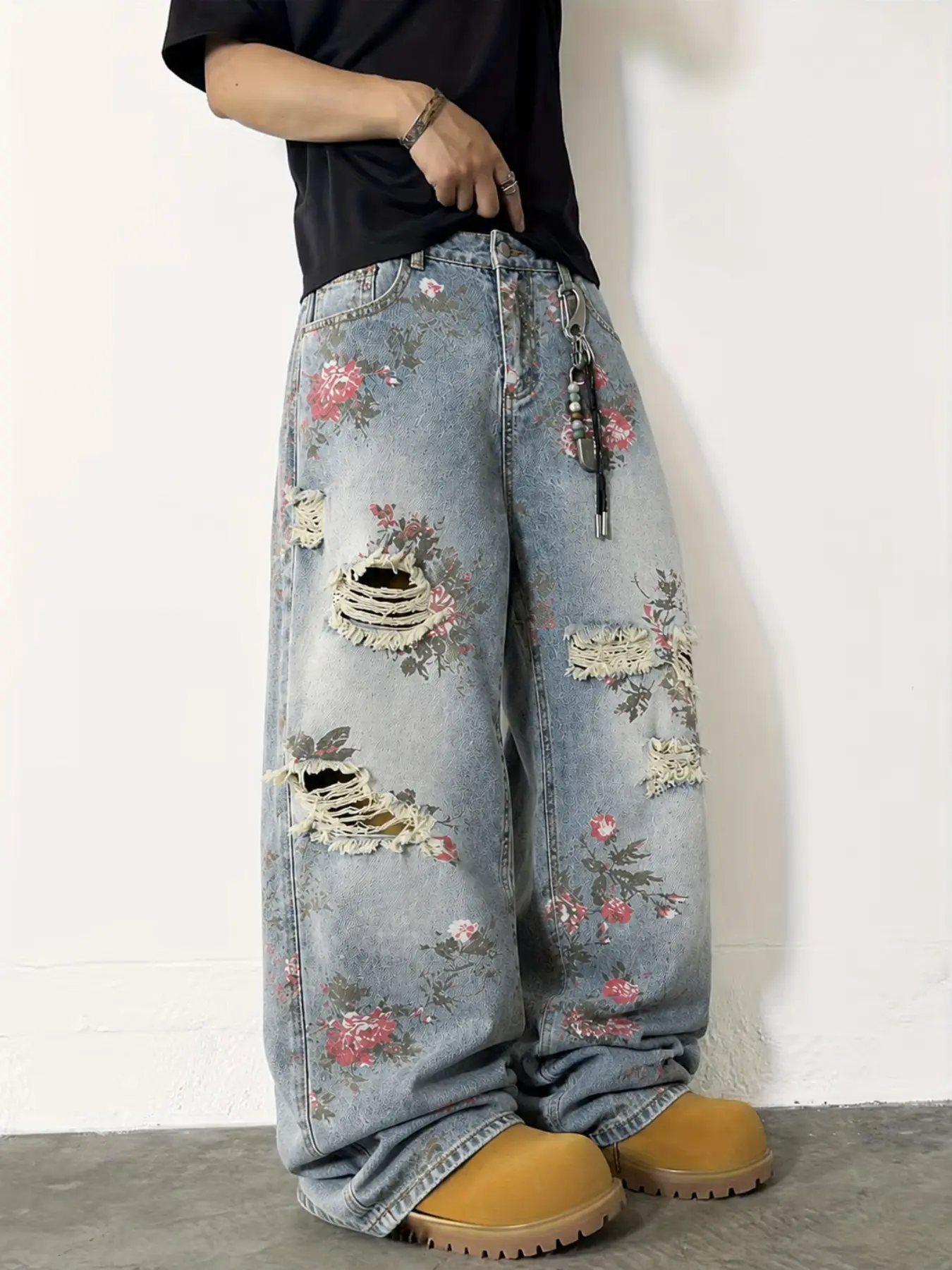 Men’s Light Blue Baggy Jeans with Floral Print and Heavy Distressed Rips, Wide Leg Y2K Grunge Streetwear Denim Pants