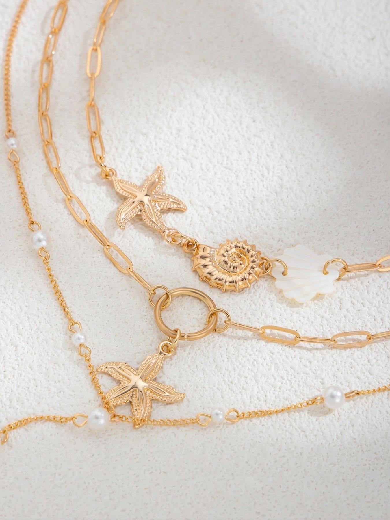 3-Piece Bohemian Style Metal Starfish and Seashell Pendant Necklace, Vintage Elegant Fashion Imitation Pearl Y-Shape Necklace Set for Women, Daily and Vacation Jewelry, Exquisite Chain Jewelry