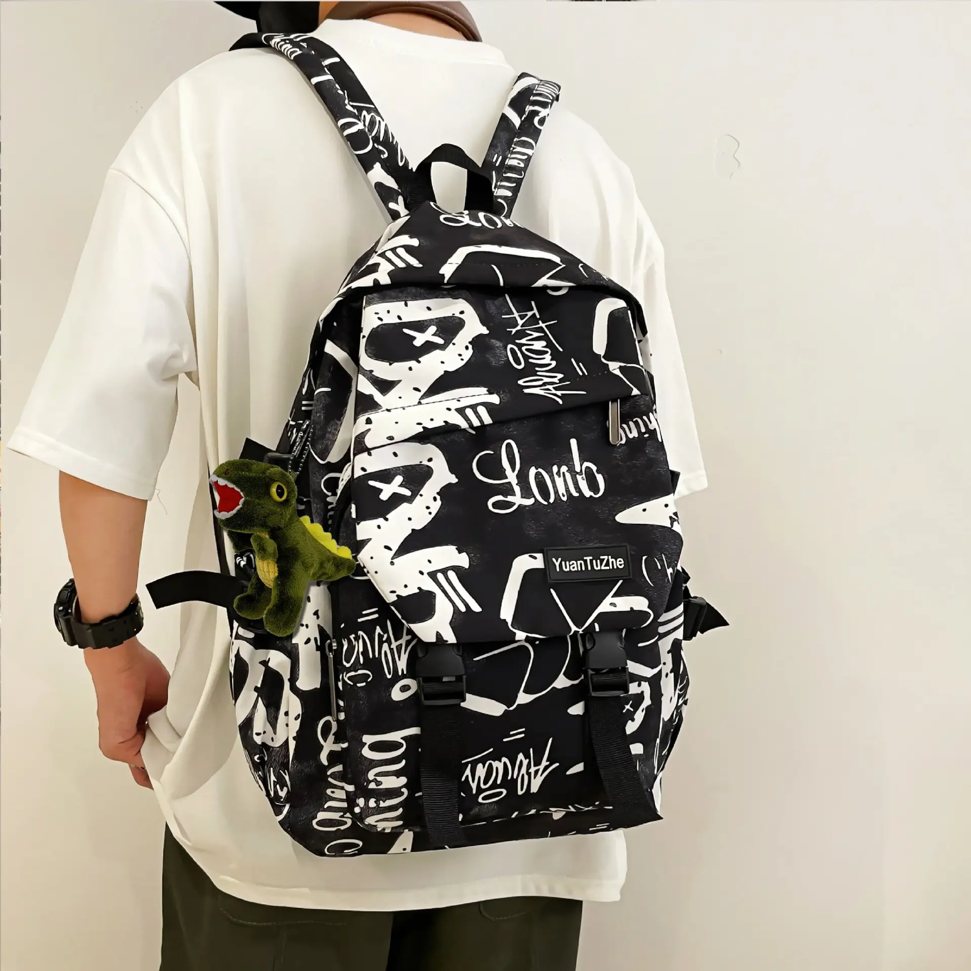 Tide Trend Graffiti Backpack - Men's Modest Cow Hide Large Capacity Casual Bag for Back to School Haul, Holiday Use (Ideal for College & Junior High Students), Basic, Chic, Anti-Theft, Graffiti Streetwear Backpacks, Graffiti Style Backpacks
