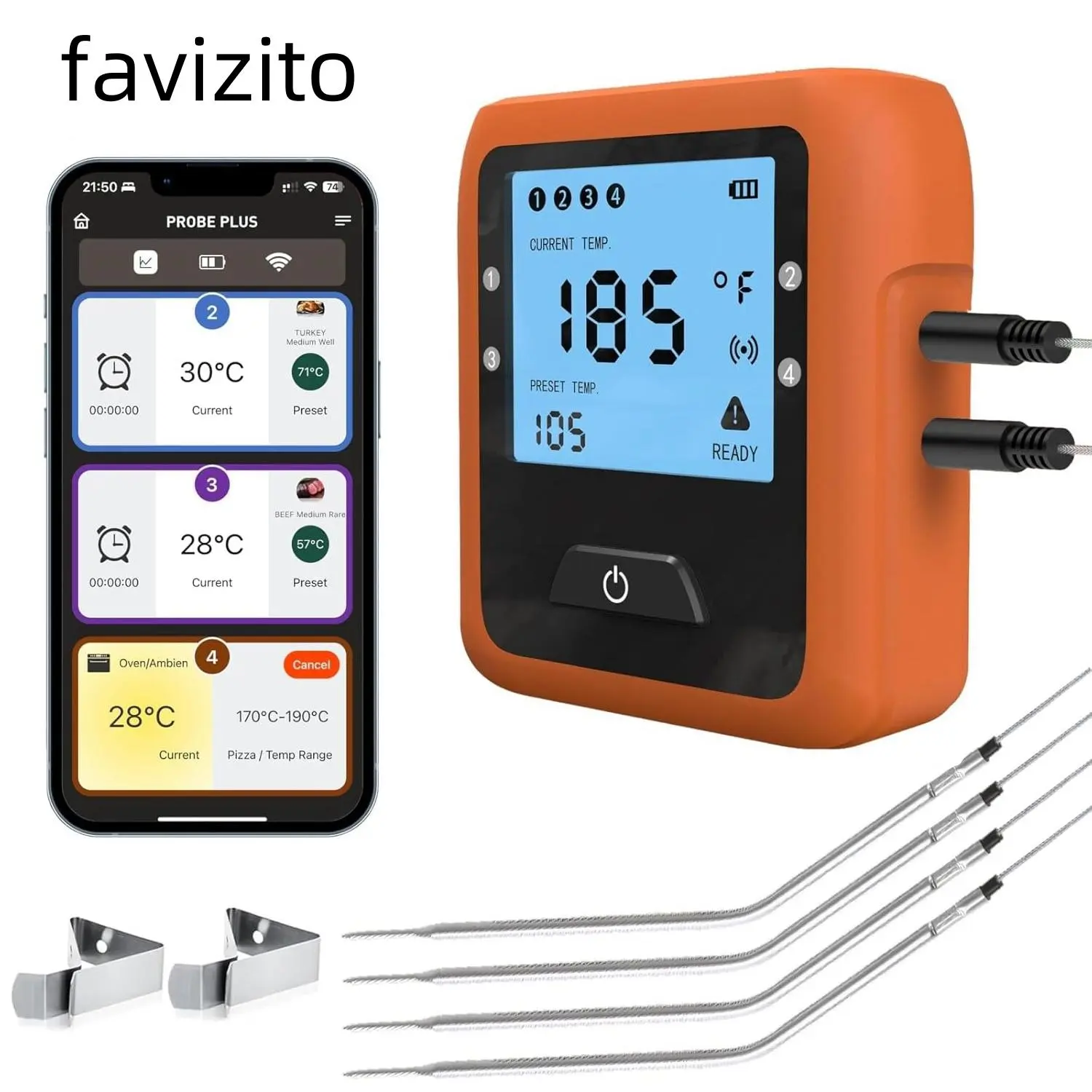 Wireless Meat Thermometer, 1 Set Digital Wireless Meat Thermometer with 4 Probes, Smart Grill Thermometer for Cooking Oven Bbq Kitchen