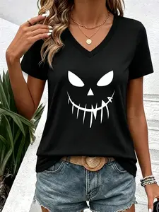 Women's Fashion Short Sleeve T-Shirt, Pumpkin Lantern Ghost Face Print, Casual Street Style, Fun Pattern, V-Neck, All Seasons