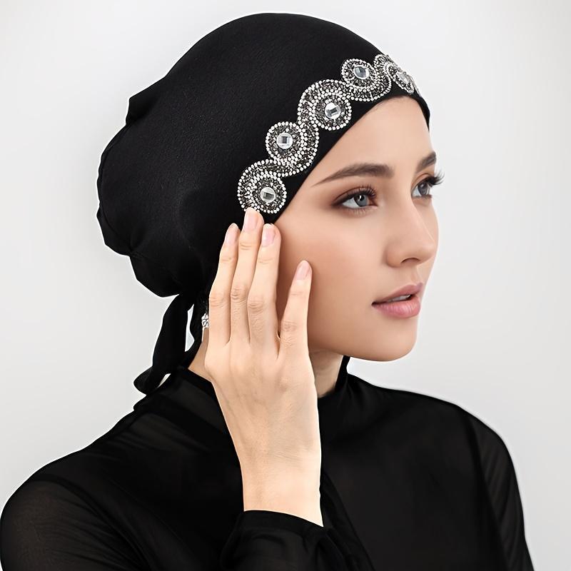 Breathable Windproof Hijab Hat with Rhinestone, Solid Color Scarf for Prayer