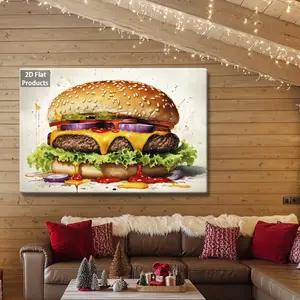 Cheese Burger Canvas Poster - 1-Piece 2D Flat Wooden Framed Fabric Art, 2 Roast Beef Patties with Melted Yellow Cheddar Cheese Drip, Fresh Green Salad Leaves, Red Flakes, for Home & Kitchen Decor