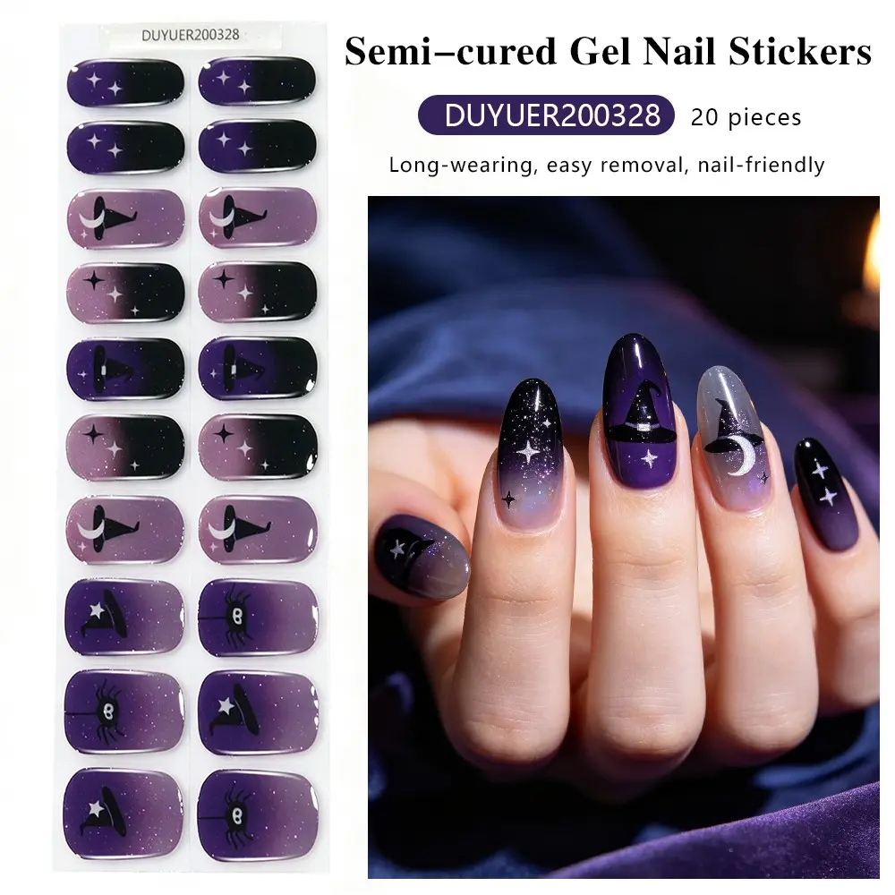 Star Night Halloween Gel Nail Art Stickers, Nail Art Supply, 20-Piece Half-Cured UV Curing, Easy Application, Perfect for Festive Manicures