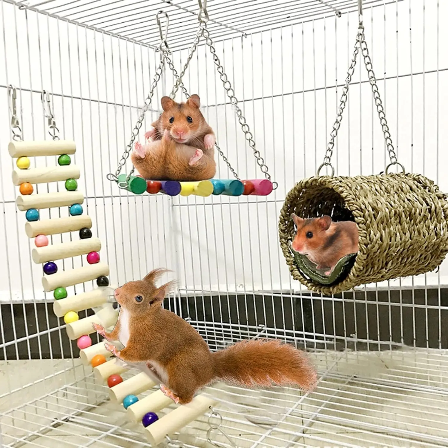 Hamster  Hammock 3 count Wooden Rat Ladder Swing Set Cage Clmbing Toys Accessories for Syrian Hamster Sugar Glider Bird Mice Playing Sleeping