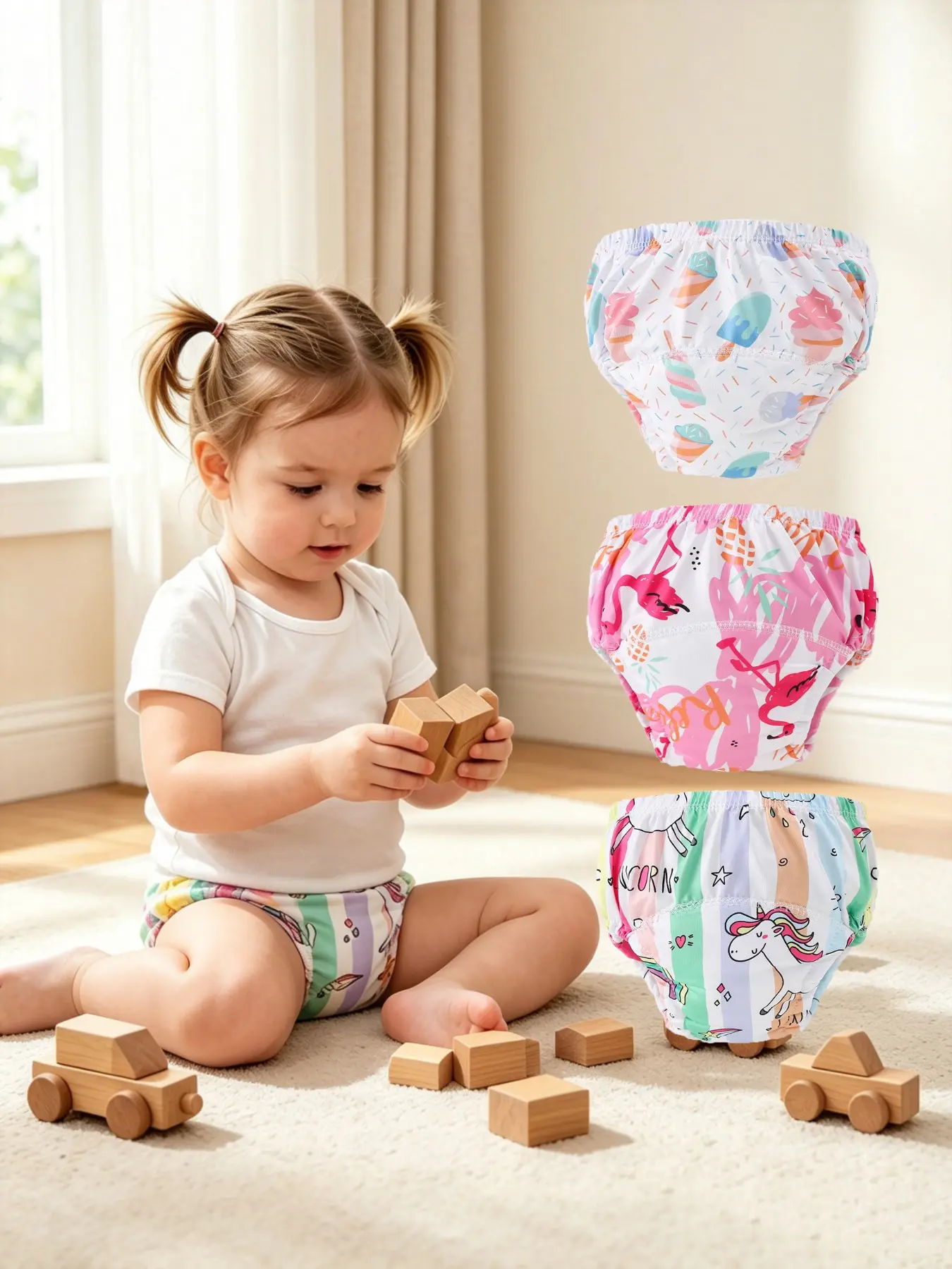 3-Pack Kids Potty Training Pants, Toddler Training Underwear, Washable Reusable, Cute Unicorn and Flamingo Patterns, Ideal for Daily Use, Cartoon Style