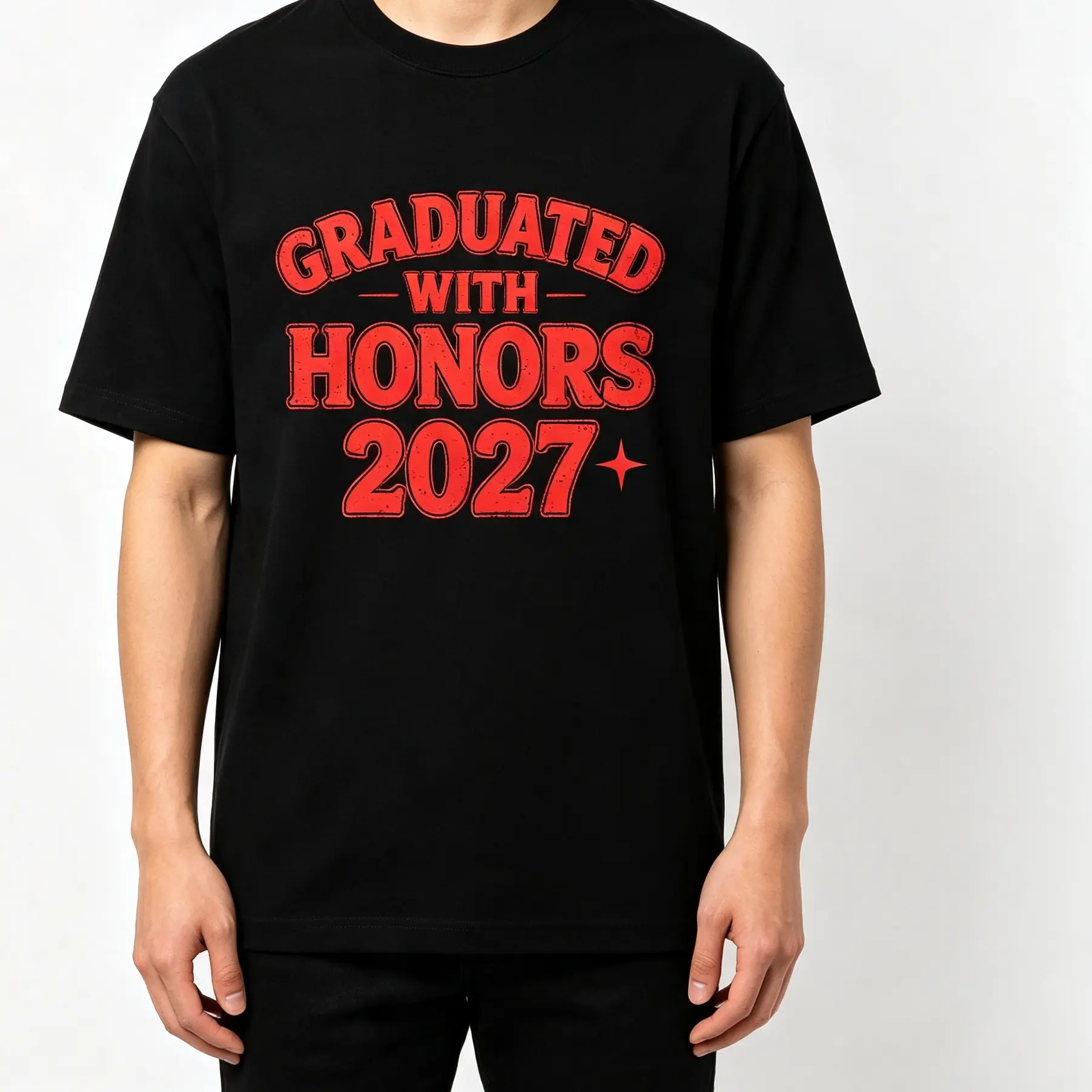 Graduated With Honors 2027 Vintage Curved Red Crackled Text Star Accent Graphic Print Crew‑Neck T‑Shirt, Unisex Loose‑Fit Short‑Sleeve Casual Streetwear Tee for Graduation Parties fashionable t-shirt