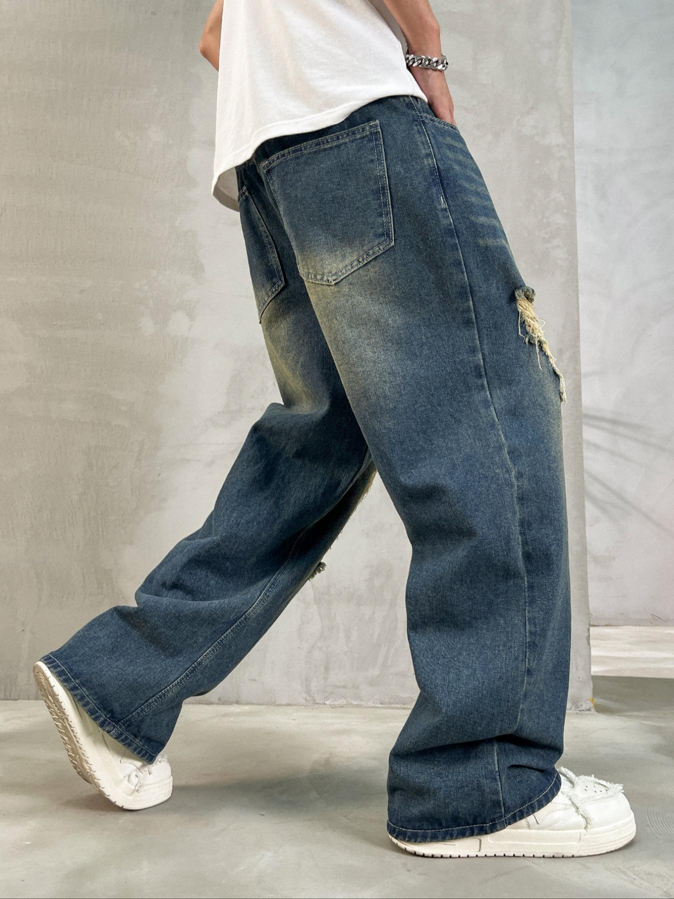 Men's Vintage Wash Distressed Straight Leg Light Wash Jeans, Loose Casual Comfy Denim Jeans for Daily Wear, Wide Leg Jeans for Men, Men's Denim Jeans for All Seasons