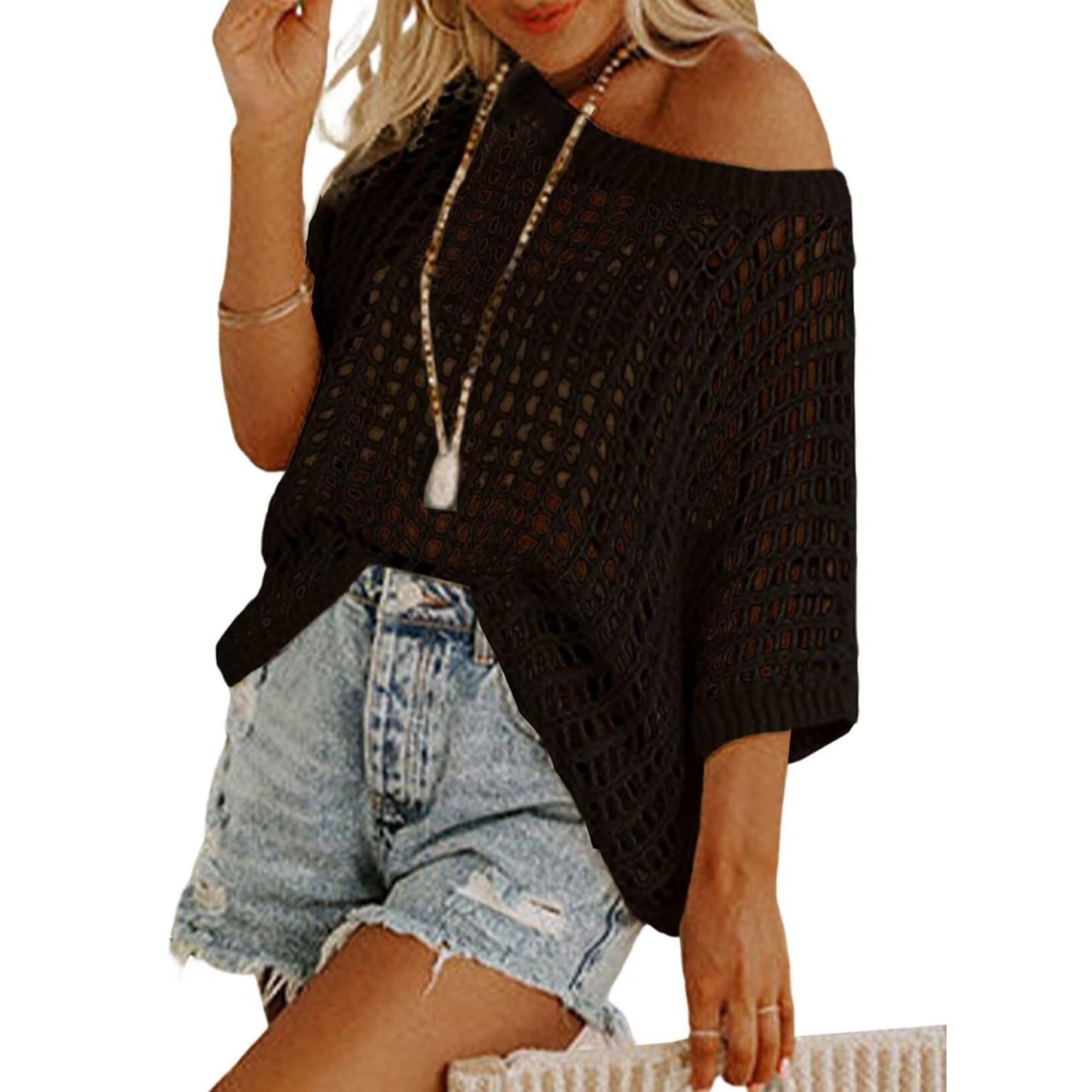 Womens Fashion Sweater Casual Off The Shoulder Short Sleeve Hollow Out Sweater Pullover Knit Tops