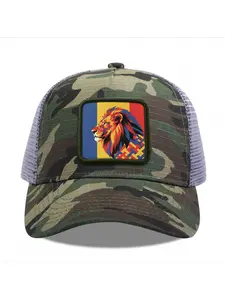 Colorful Lion Portrait Camouflage Mesh Baseball Cap for Men & Women - Adjustable Snapback Trucker Hat, Breathable Back for Hiking, Fishing, Camping, Golf & Casual Outdoor Attire Camouflage Random