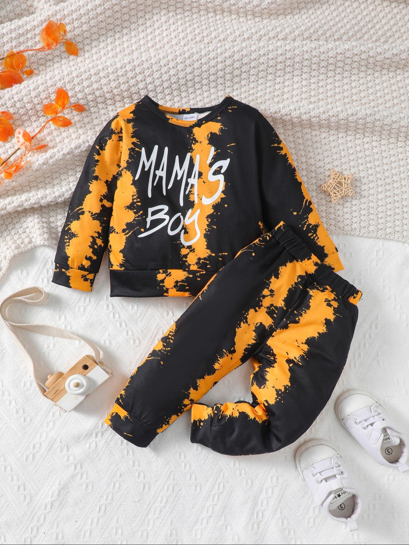 Boys' Tie-Dye Sweatshirt Set with Mama's Boy Print, Long Pants, Casual Fitted Style, Comfortable Spring & Fall, Sweatpants