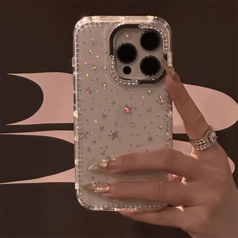 Luxury Rhinestone Fashion Phone Case, Sparkling Diamond Border Star Transparent Shockproof Cover for iPhone 17,16,15,14,13,12 Pro Max - Christmas Gift, New Year's Present, Easter Surprise, Halloween Treatment.