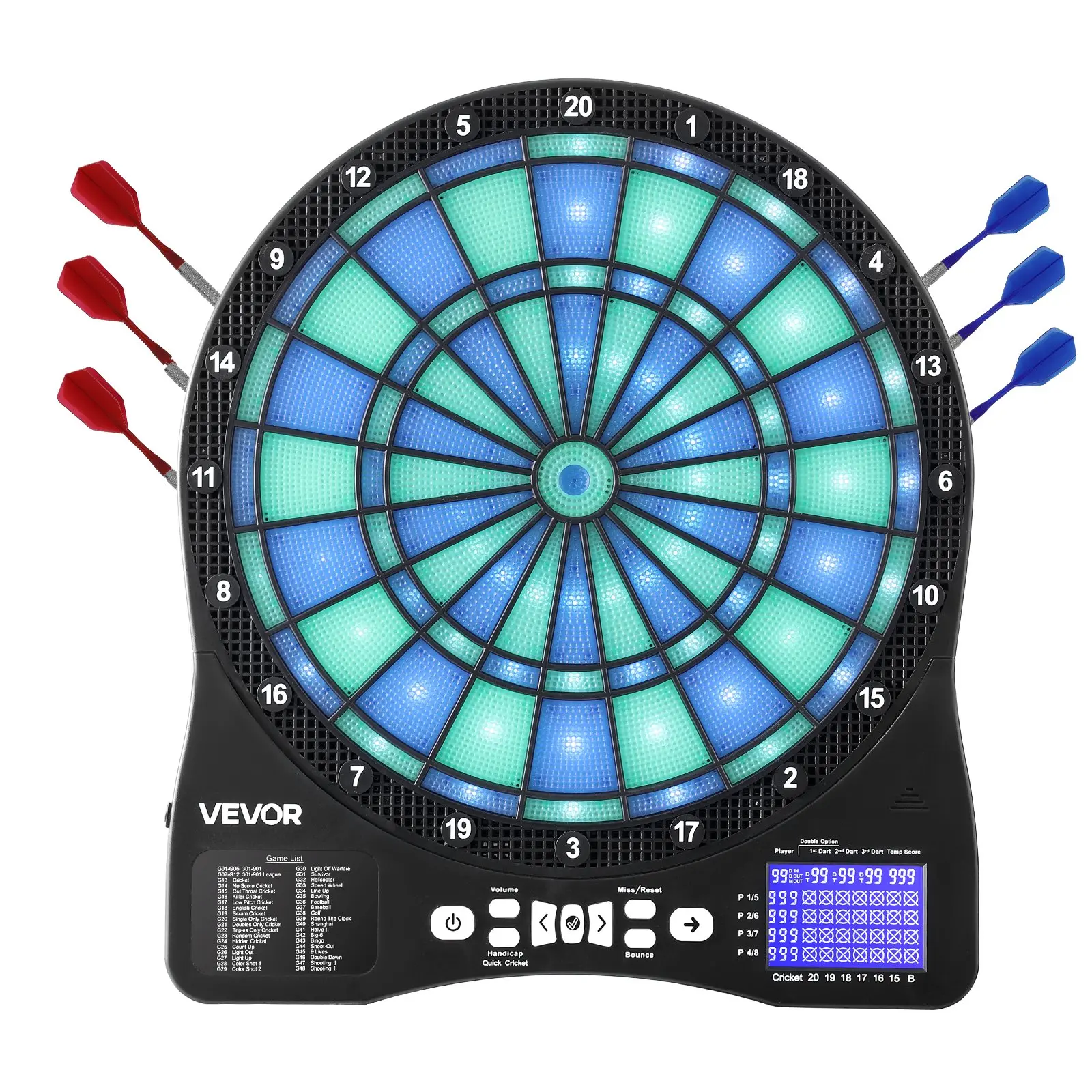 VEVOR Electronic Dart Board, LED-Illuminated Target Dartboard with 48 Games & 500+ Variations, Includes 6 Dart Shafts with Flights & 50 Soft Tips, Cricket Scoring LCD Screen - Supports Up to 8 Player