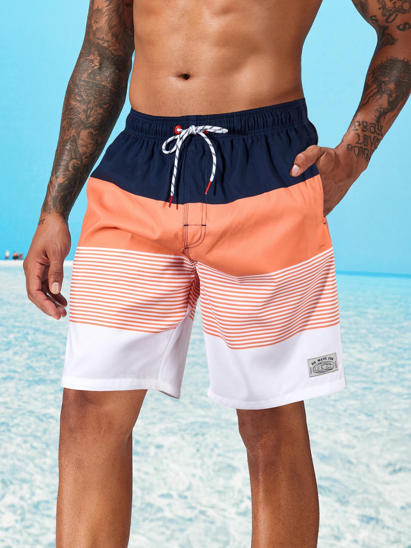 Men's Striped Print Boxer Brief Swim Trunks, Casual Comfy Breathable Swim Shorts for Summer Outdoor, Activewear, Men's Swimwear for Beach Vacation, Clothing, Summer Swim Bottoms, Drawstring Swim Bottom, Swimming Trunks, Swimtrunks