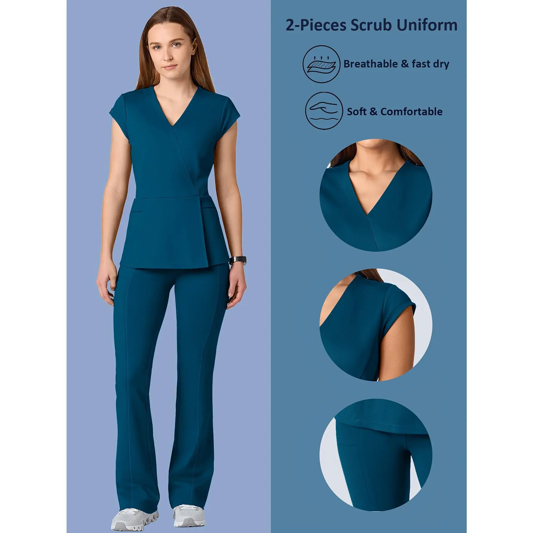 Soft Scrub Set Breathable Women's Elastic Jogging Nurse Uniform, V-Neck Top with Adjustable Waistband Pants, 2pcs Pockets Shirt Bottom Suit for Doctors Healthcare Workers Nurses Accessories Workwear, Comfortable Outfit