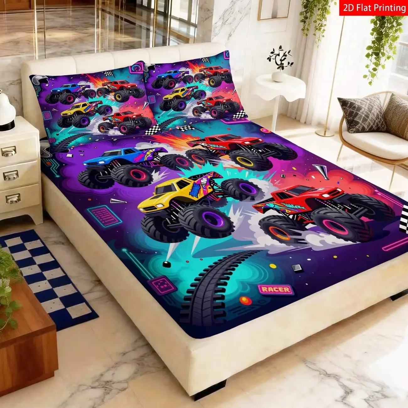 3 Piece Set 2D Printed Bed Sheet, Monster Truck Racing Theme Design, Multiple Colors Available, Neon Graffiti and Checkered Flag Patterns