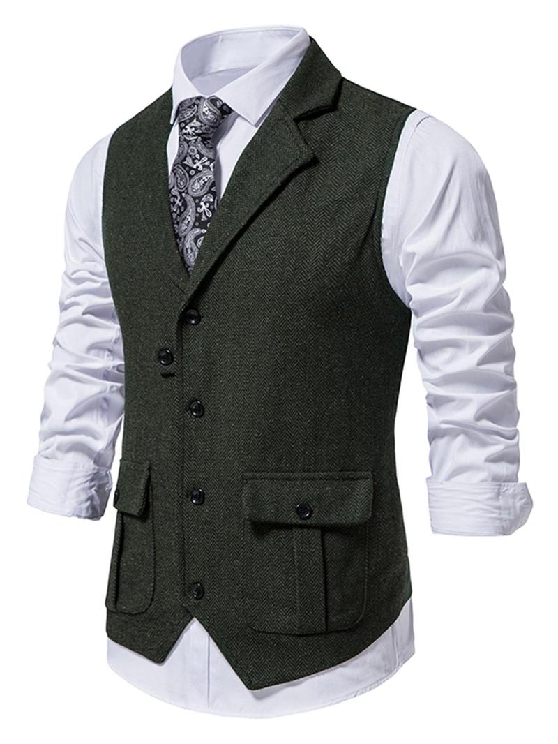 Men's Solid Button Front Pocket Suit Vest, Regular Fit Casual Formal Lapel Sleeveless Suit Vest for Work Office Business, Men's Clothes for All Seasons