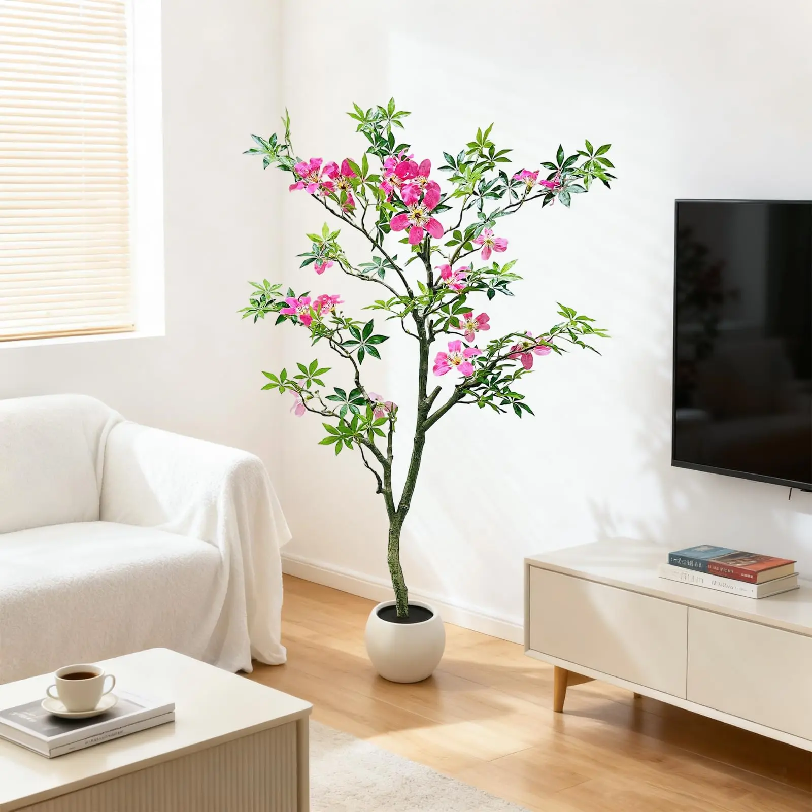Artificial Tree, Tall Pink Faux Blossom Plant in Pot, Large Fake Pink Flowers Potted, Silk Floss Tree, Wedding Decor Artificial Flowers for Outdoors Indoors Home Porch Patio Party Christmas