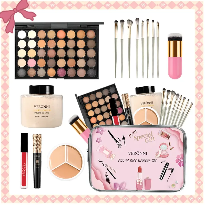 Veronni Complete Makeup Set, 40 Earth Tone Eyeshadow Palettes, Long-Lasting Liquid Lipstick, Mascara, Concealer, Brushes, Portable Design