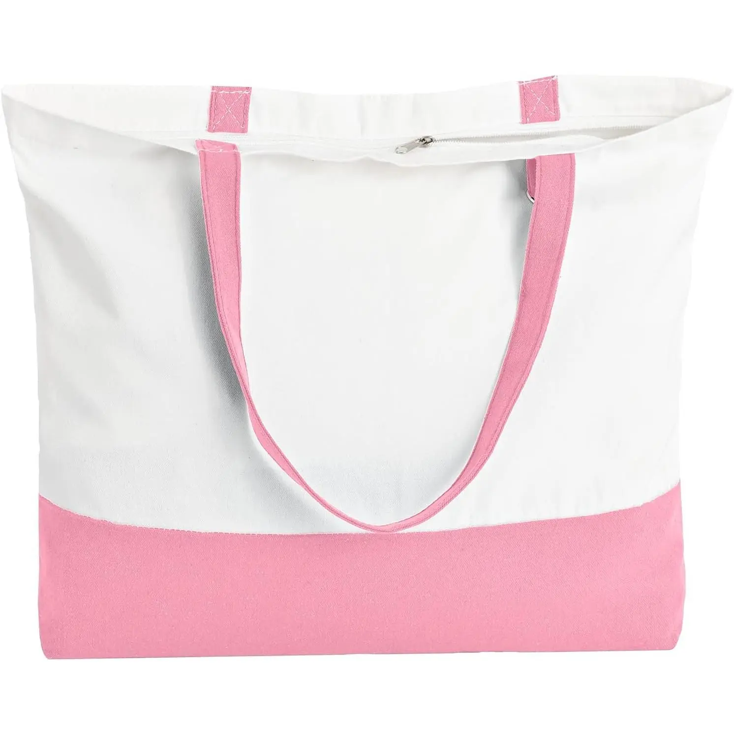 1 Pack Canvas Tote Bag with Zipper, Blank Reusable Grocery Bags, Widened Washable Bag with Inner Pocket, Shopping Travel Large Tote Bags for DIY Heat Transfer, Christmas Craft Gift (Pink/White)