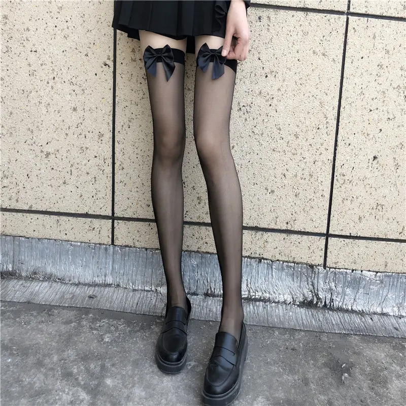 Women’s Satin Bow Sheer Thigh High Stockings, Over the Knee Nylon Socks, Cute Kawaii Hosiery for Skirts, Cosplay, Party and Daily Outfits