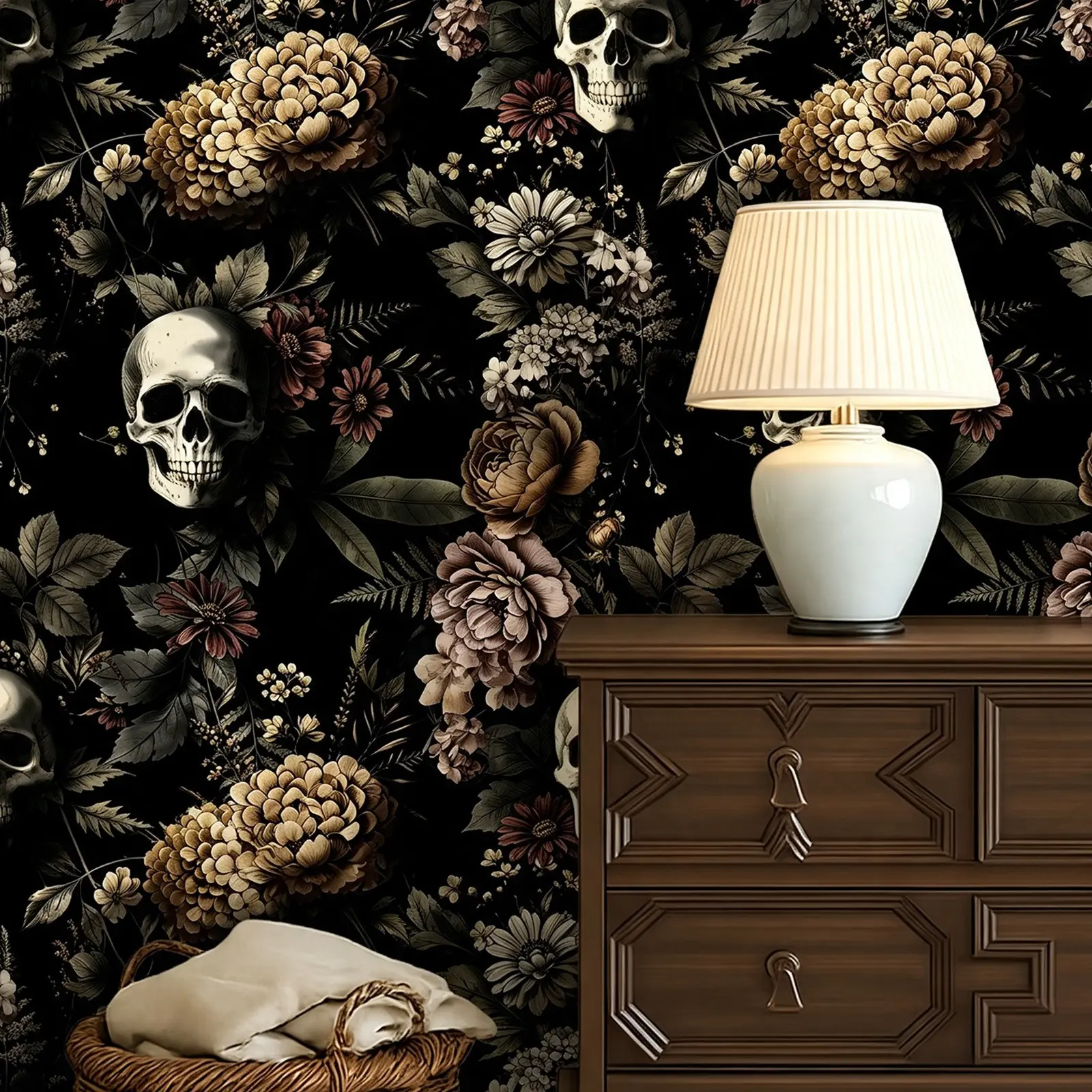 Skull Floral Self-Adhesive Wallpaper, Retro PVC Waterproof Stain-Resistant, Halloween Decor, Removable, for Bedroom Living Room Bathroom