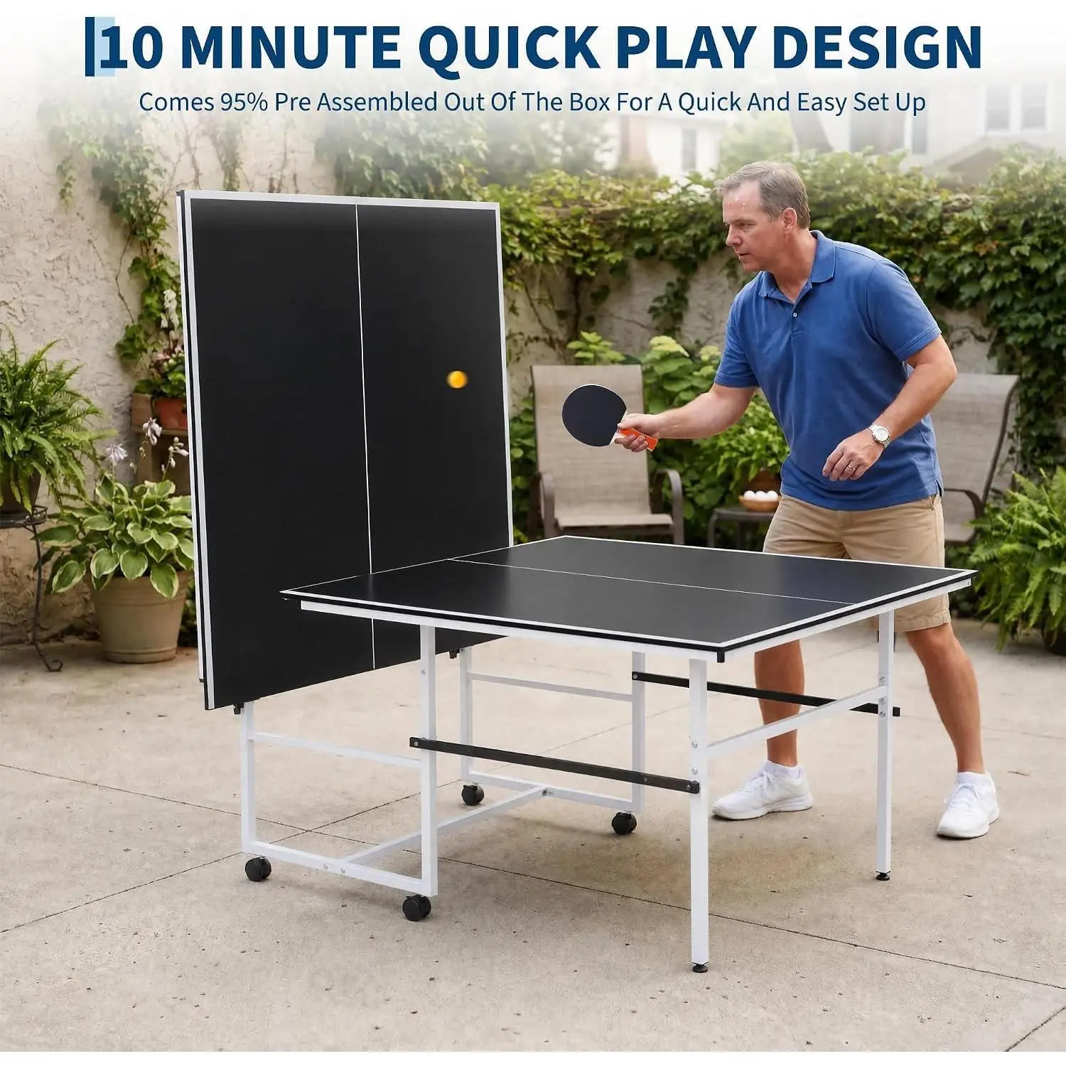 8FT Portable Ping Pong Table with Single Player Playback Mode Foldable Indoor/Outdoor Set, Includes Paddles, Balls & Net, Quick Assembly for Adults & Teens