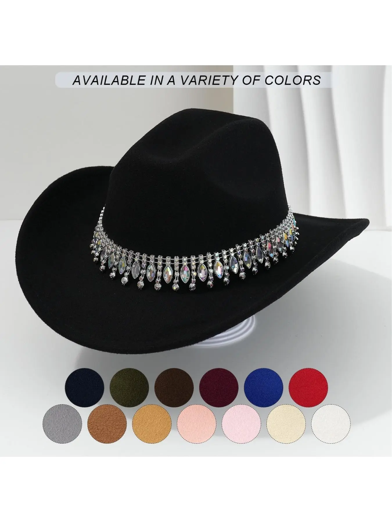 Unisex Rhinestone Cowboy Hat with Fringe - Elegant Fedora Gemstone Belt, Wedding Engagement Party Hat for Men Women Cowgirl Hat