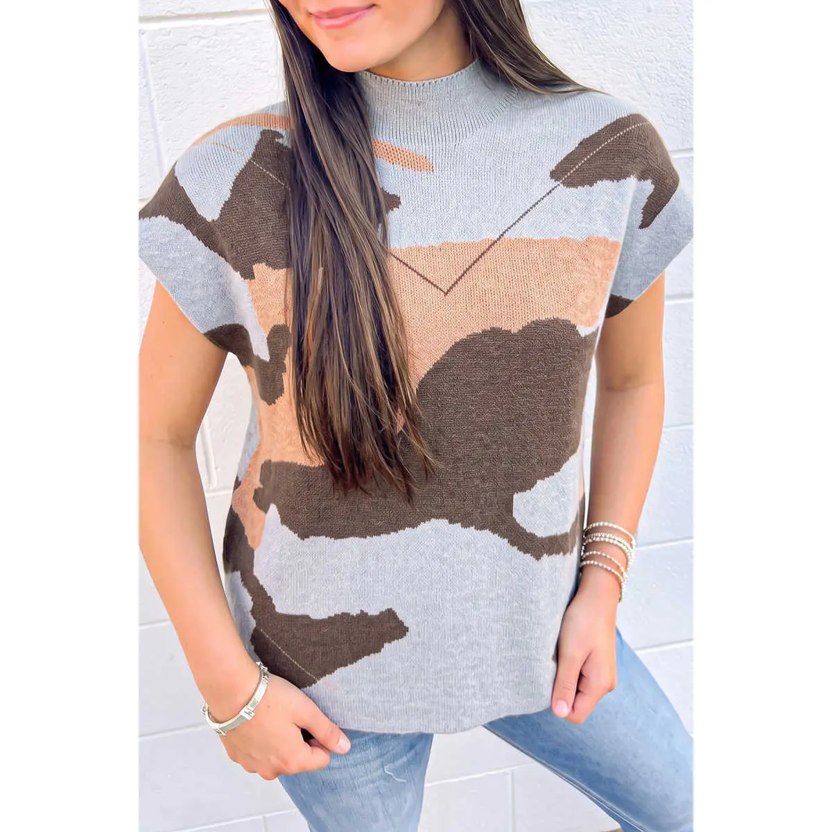 Gray Camouflage Pattern Drop Shoulder High Neck Short Sleeve Shift Sweater
