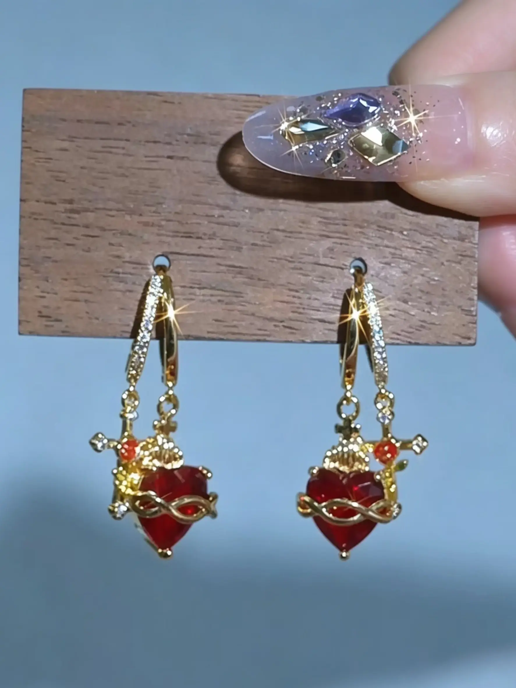 Heart-Shaped Rose Cross Pendant Earrings, Love Zircon Sacred Heart Design, Elegant Women's Jewelry, Perfect Gift Choice, Fashion Jewelry Cross Hoop Earrings