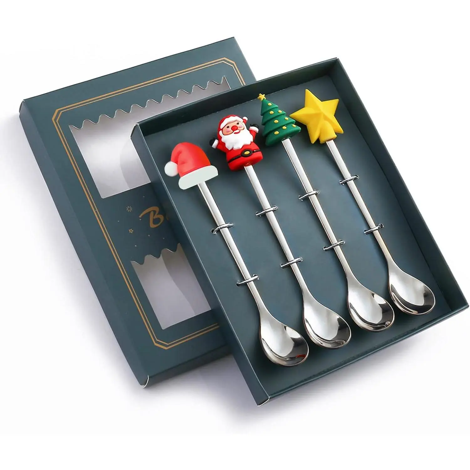 4 count Christmas Coffee Spoons with Green  Box Creative Christmas Tree Santa  Stainless Steel Spoons for Dinner Tableware Dessert  Soup Stirring Spoon Practical Xmas