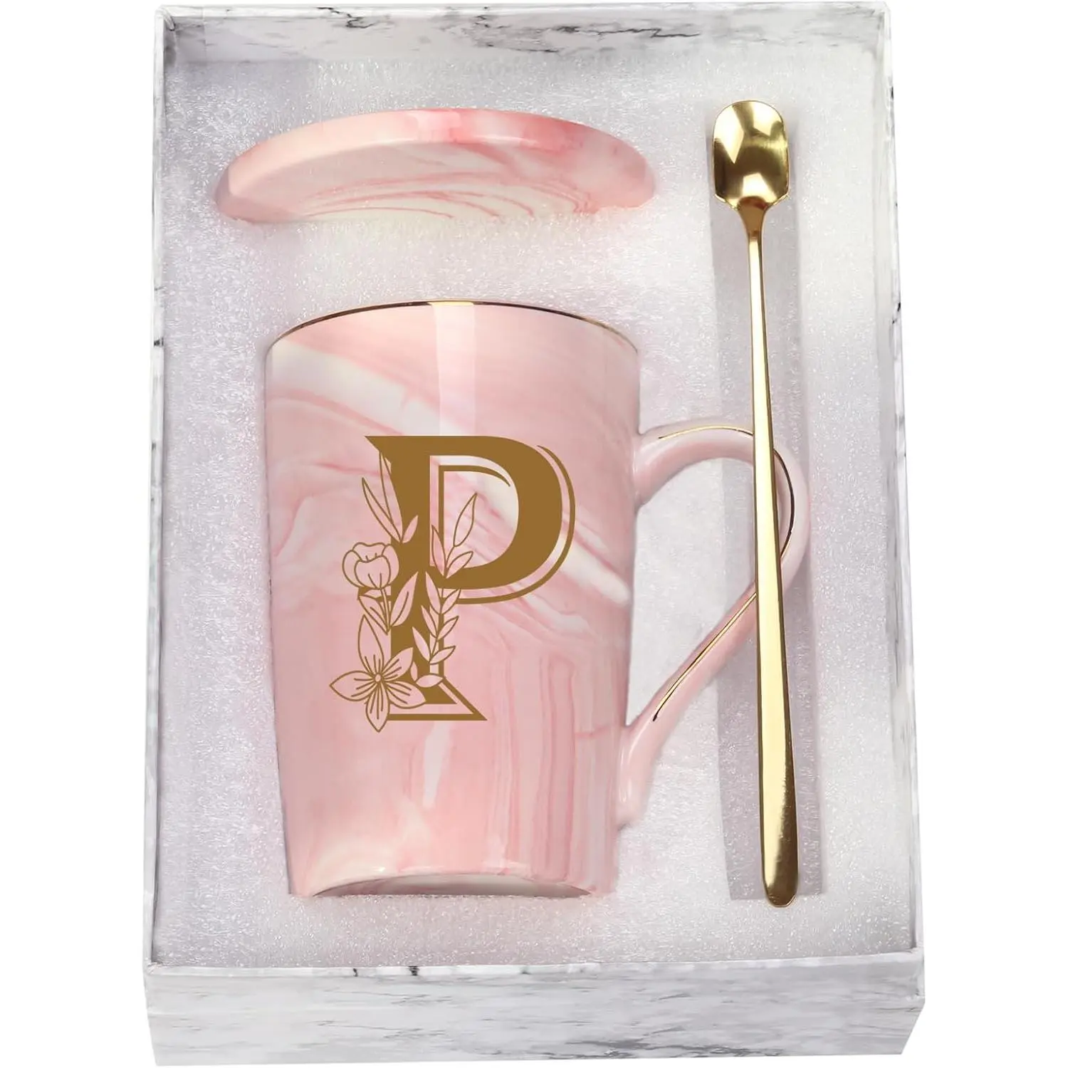 Porcelain Letter P with Flower Mug, 14 Ounce, Novelty Coffee Mugs for Women, Bridal Shower Gifts, Women's Initials Gifts