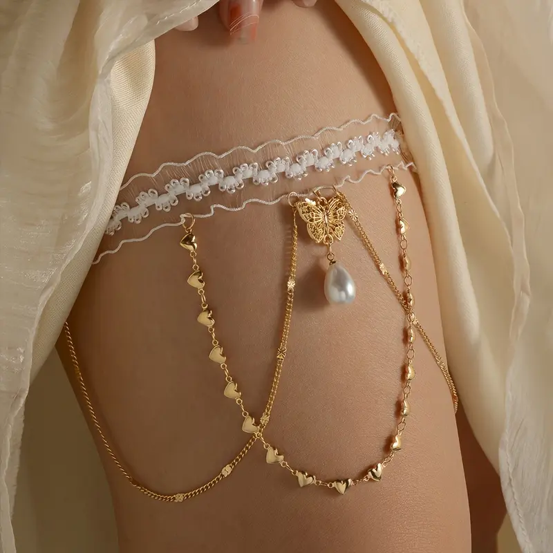 Women's Elegant Body Thigh Chain with White Lace Trim, Golden Butterfly Heart Pendant, Costume Jewelry for Party & Everyday Wear, Female, Fashion Accessory, 1Pc, Daily, Plain, Elegant Trendy Chain, Women's Fashion, Hearts, One-Piece