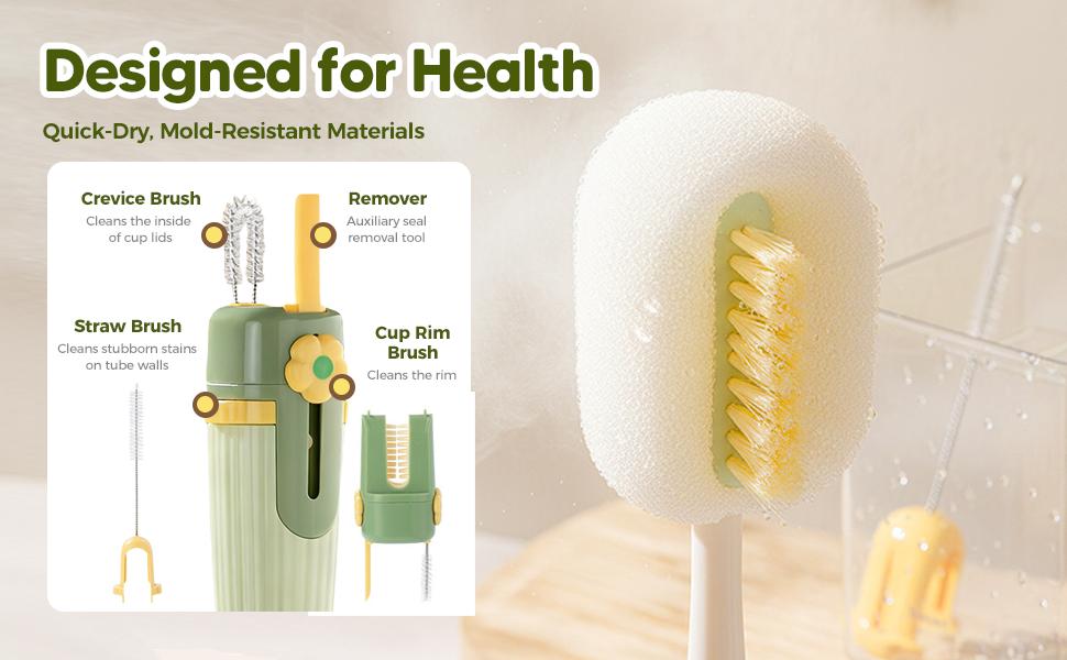 5-in-1 Bottle & Straw Cleaning Brush – Multifunctional Tool for Bottles, Cups Portable Long Handle Bottles Scrubber for Cup Lids, Hard Bristle Sponge Head Bottle Brushes