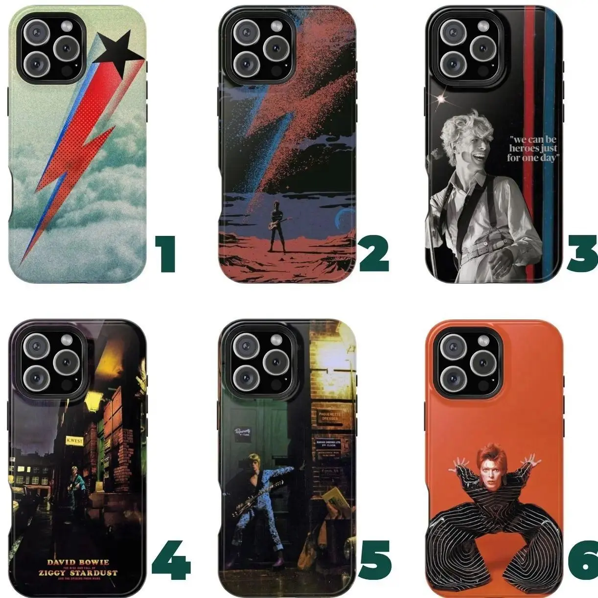 David Bowie Polycarbonate Phone Case - Ziggy Stardust, Aladdin Sane, Heroes, Let's Dance Album Art, Glam Rock Icon, Full Back Print, Protection for Glam Rock Fans, iPhone 11-17 Pro Max/Plus, Samsung Galaxy S23-25, Safety